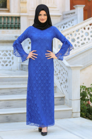 New Kenza - Kolları Fırfırlı Saks Mavisi Dantel Tesettür Elbise 3070SX - Thumbnail