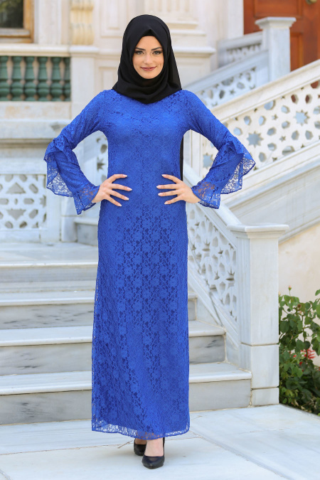 New Kenza - Kolları Fırfırlı Saks Mavisi Dantel Tesettür Elbise 3070SX