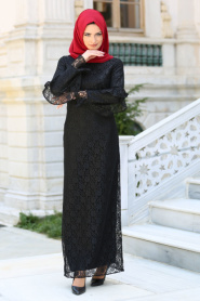 New Kenza - Kolları Fırfırlı Siyah Dantel Tesettür Elbise 3070S - Thumbnail