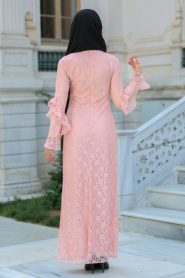 New Kenza - Kolları Fırfırlı Somon Dantel Tesettür Elbise 3070SMN - Thumbnail