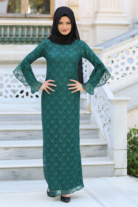 New Kenza - Kolları Fırfırlı Yeşil Dantel Tesettür Elbise 3070Y