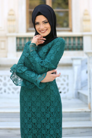 New Kenza - Kolları Fırfırlı Yeşil Dantel Tesettür Elbise 3070Y - Thumbnail
