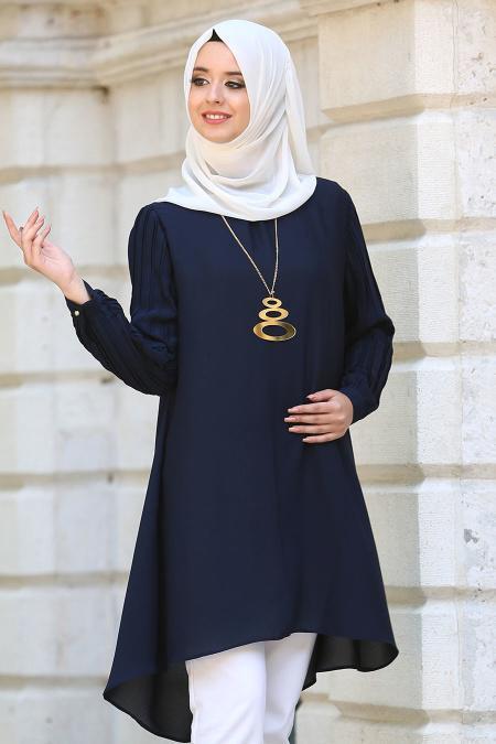 New Kenza - Kolları Pliseli Lacivert Tesettür Tunik 2014L - 2