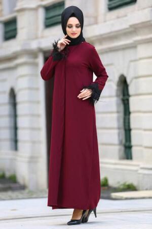 New Kenza - Kolları Tüylü Bordo Tesettür Ferace 4001BR - 1