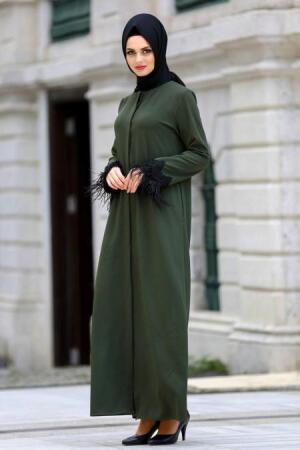 New Kenza - Kolları Tüylü Haki Tesettür Ferace 4001HK - 1