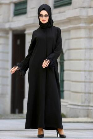 New Kenza - Kolları Tüylü Siyah Tesettür Ferace 4001S - 1