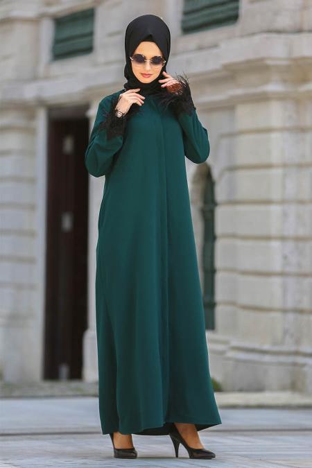 New Kenza - Kolları Tüylü Yeşil Tesettür Ferace 4001Y - 1
