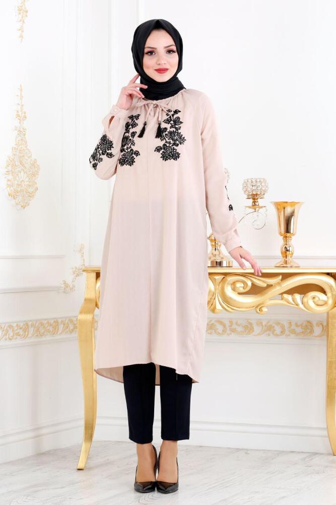 New Kenza - Nakışlı Somon Tesettür Tunik 2007SMN - 2