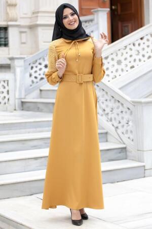 New Kenza - Omuzları Dantel Detaylı Hardal Elbise - 1