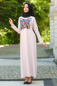 New Kenza - Önü Detaylı Bej Tesettür Elbise 3068BEJ - Thumbnail