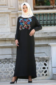 New Kenza - Önü Detaylı Siyah Tesettür Elbise 3068S - Thumbnail