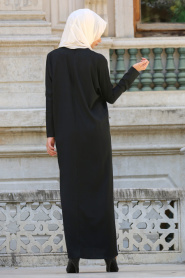 New Kenza - Önü Detaylı Siyah Tesettür Elbise 3068S - Thumbnail