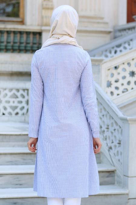 New Kenza - Önü Düğmeli Mavi Tesettür Tunik 2923M - 3
