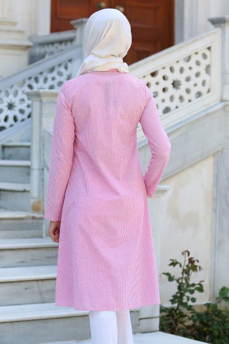 New Kenza - Önü Düğmeli Pembe Tesettür Tunik 2923P - 3