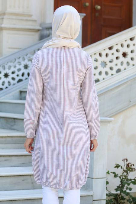 New Kenza - Önü Yazılı Çizgili Lila Tesettür Tunik 2937LILA - 2