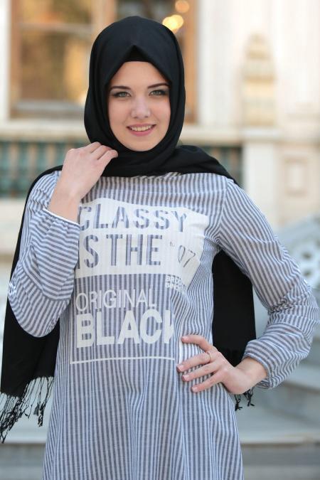 New Kenza - Önü Yazılı Çizgili Siyah Tesettür Tunik 2937S - 2
