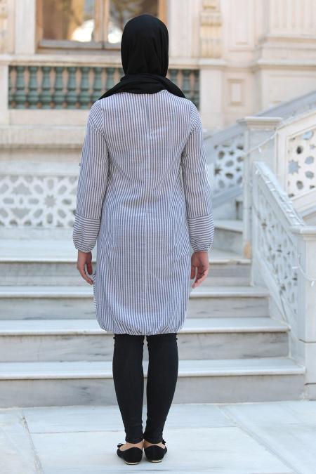 New Kenza - Önü Yazılı Çizgili Siyah Tesettür Tunik 2937S - 3