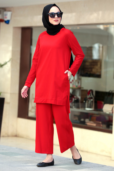 New Kenza - Pantolon& Tunik İkili Kırmızı Tesettür Takım 51141K