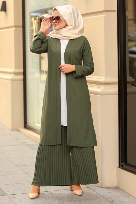 New Kenza - Pileli Pantolon & Ceket Haki Tesettür Takım 51251HK - 1