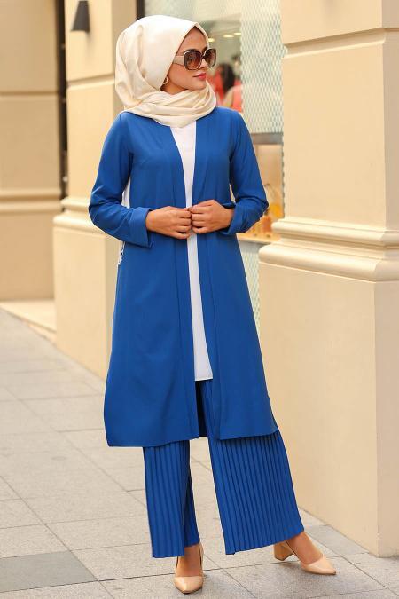 New Kenza - Pileli Pantolon & Ceket İndigo Mavisi Tesettür Takım 51251IM - 1