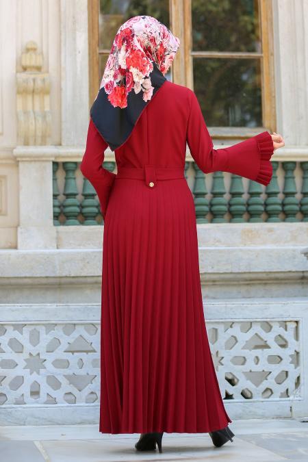 New Kenza - Pliseli Bordo Tesettür Elbise 3066BR - 3