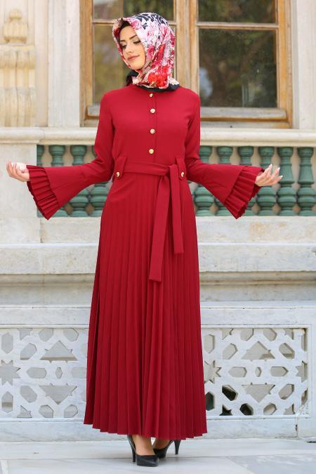 New Kenza - Pliseli Bordo Tesettür Elbise 3066BR - 2