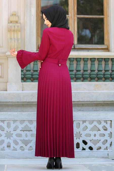 New Kenza - Pliseli Fuşya Tesettür Elbise 3066F - 3