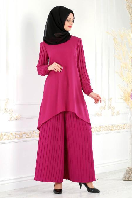 New Kenza - Pliseli Fuşya Tunik / Pantolon Tesettür Takım 5061F - 1