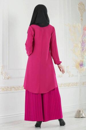 New Kenza - Pliseli Fuşya Tunik / Pantolon Tesettür Takım 5061F - 2