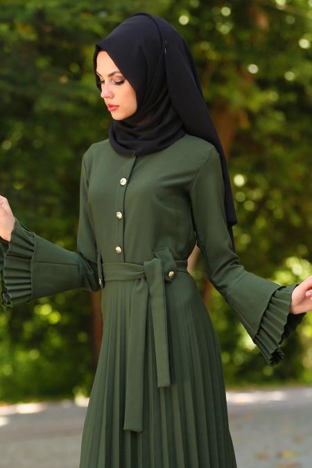 New Kenza - Pliseli Haki Tesettür Elbise 3066HK - 2