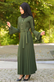New Kenza - Pliseli Haki Tesettür Elbise 3066HK - Thumbnail