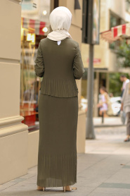 New Kenza - Pliseli Haki Tesettür Elbise 31431HK - Thumbnail