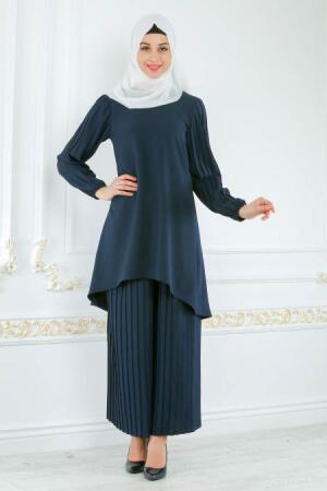 New Kenza - Pliseli Lacivert Tunik / Pantolon Tesettür Takım 5061L - 1