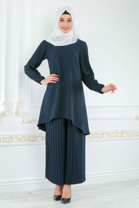 New Kenza - Pliseli Lacivert Tunik / Pantolon Tesettür Takım 5061L - 1