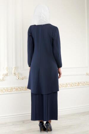New Kenza - Pliseli Lacivert Tunik / Pantolon Tesettür Takım 5061L - 2