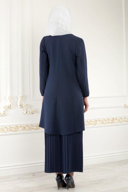 New Kenza - Pliseli Lacivert Tunik / Pantolon Tesettür Takım 5061L - 2
