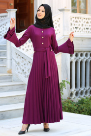 New Kenza - Pliseli Mor Tesettür Elbise 3066MOR - Thumbnail
