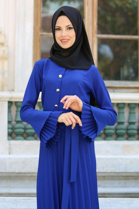 New Kenza - Pliseli Saks Mavisi Tesettür Elbise 3066SX - 2