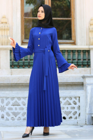 New Kenza - Pliseli Saks Mavisi Tesettür Elbise 3066SX - Thumbnail