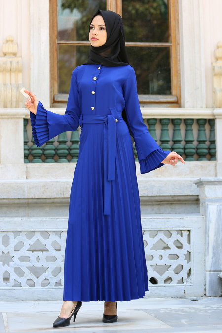 New Kenza - Pliseli Saks Mavisi Tesettür Elbise 3066SX