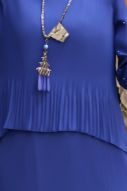 New Kenza - Pliseli Sax Mavisi Tesettür Elbise 31431SX - Thumbnail