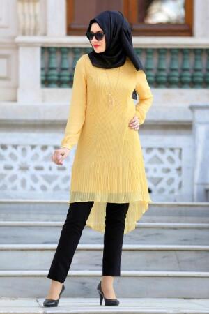 New Kenza - Pliseli Sarı Tesettür Tunik 20980SR - 1