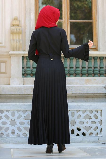 New Kenza - Pliseli Siyah Tesettür Elbise 3066S - 3