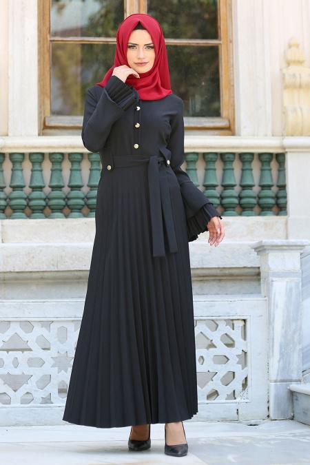 New Kenza - Pliseli Siyah Tesettür Elbise 3066S - 2