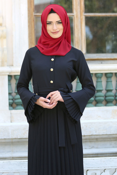 New Kenza - Pliseli Siyah Tesettür Elbise 3066S