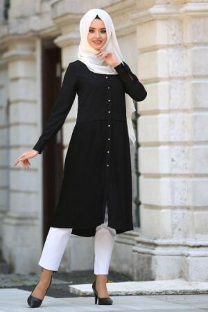 New Kenza - Pliseli Siyah Tesettür Tunik 2055S - 1