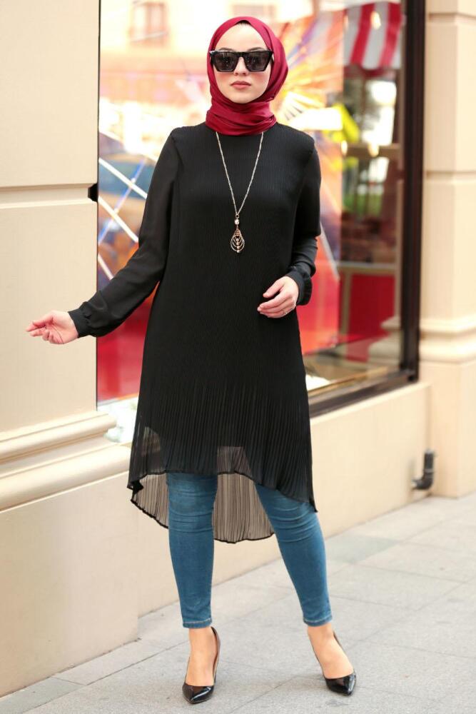 New Kenza - Pliseli Siyah Tesettür Tunik 20980S - 1