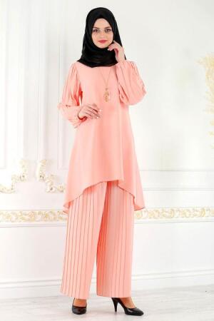 New Kenza - Pliseli Somon Tunik / Pantolon Tesettür Takım 5061SMN - 1