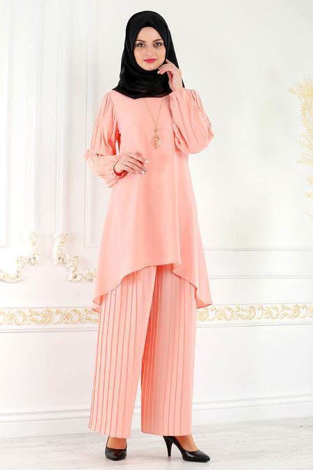 New Kenza - Pliseli Somon Tunik / Pantolon Tesettür Takım 5061SMN - 1