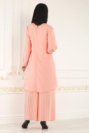New Kenza - Pliseli Somon Tunik / Pantolon Tesettür Takım 5061SMN - 2